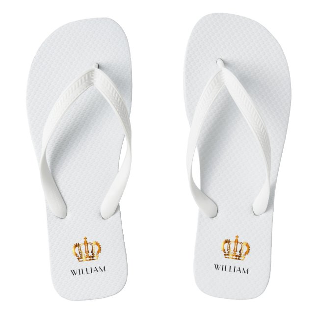 Royal Gold Crown Customised Name White Flip Flops (Footbed)