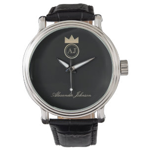 Royal Gold Crown Monogram , Elegant Black Name Watch