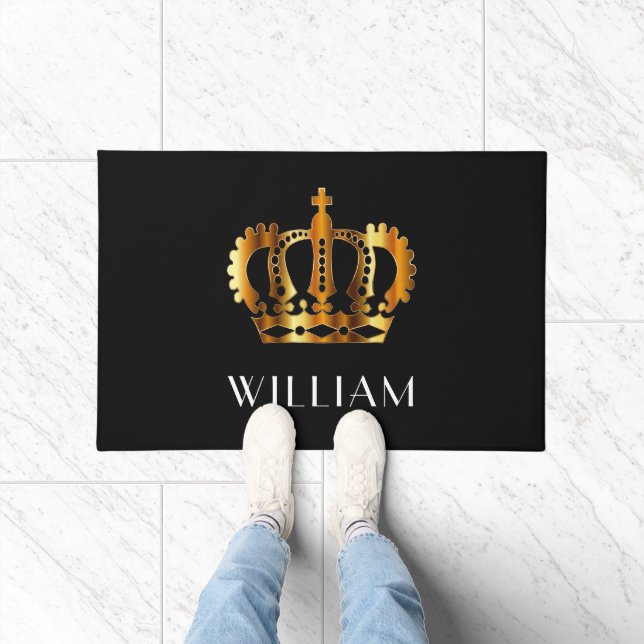 Royal Gold Crown Personalised Name Black Doormat (Indoor)