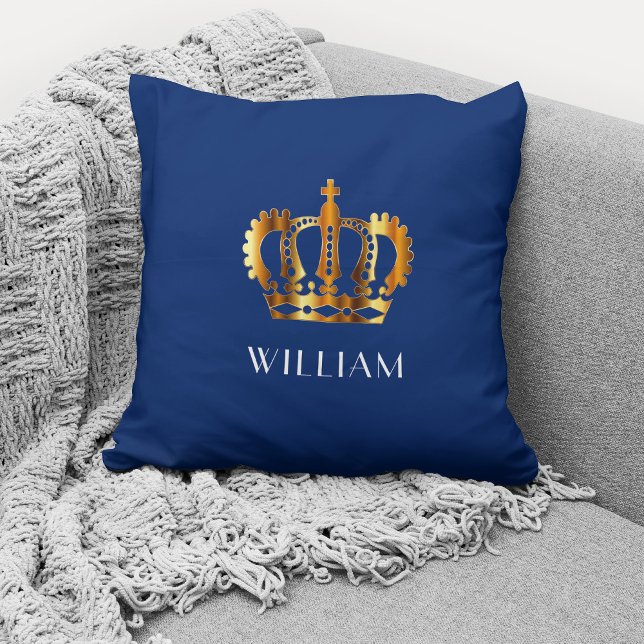 Royal Gold Crown Personalised Name Blue Cushion (Creator Uploaded)