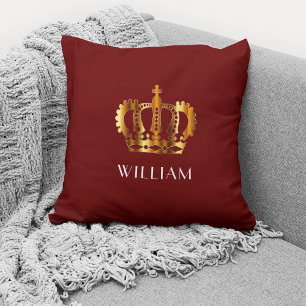 Royal Gold Crown Personalised Name Red Cushion