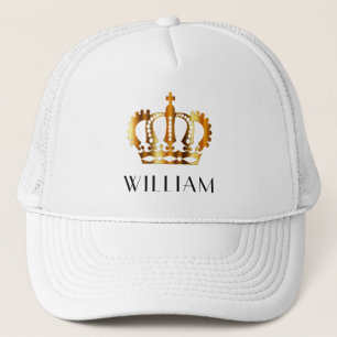 Royal Gold Crown Personalised Name White Trucker Hat