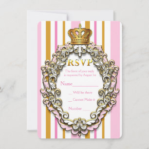 Royal Gold Crown Pink Striped Party RSVP Card