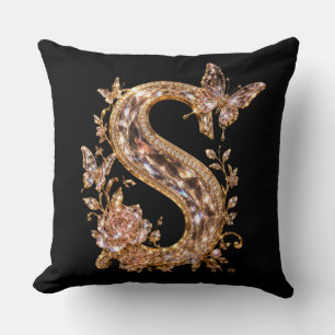 Royal Gold Crystal Letter S Luxury Monogram Cushion