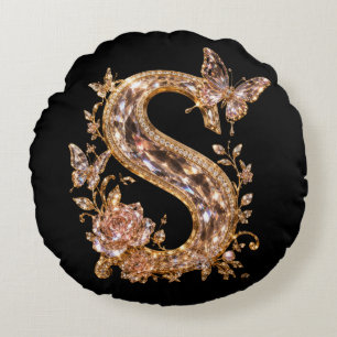 Royal Gold Crystal Letter S Luxury Monogram Round Cushion