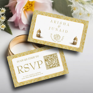 Royal Gold Damask Muslim QR Code RSVP Wedd Website Enclosure Card