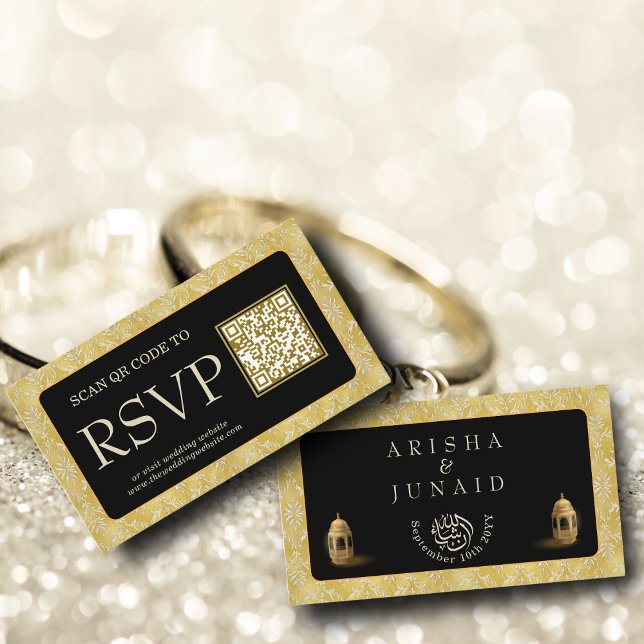 Royal Gold Damask Muslim QR Code RSVP Wedd Website Enclosure Card (Creator Uploaded)