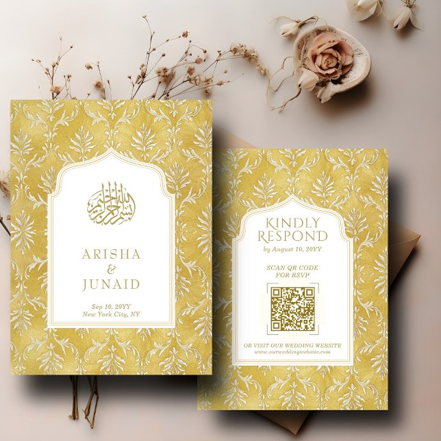 Royal Gold Damask Muslim QR Code RSVP Wedd Website Enclosure Card (Creator Uploaded)