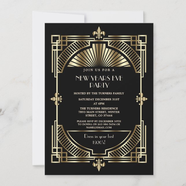 Royal Gold Fleur-de-lis Art Deco New Year Party Invitation (Front)