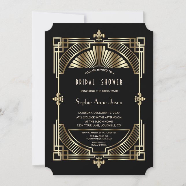 Royal Gold Fleur-de-lis Great Gatsby Bridal Shower Invitation (Front)
