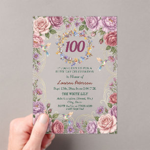 Royal Gold Floral Hummingbird 100th Birthday Party Acrylic Invitations