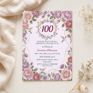 Royal Gold Floral Hummingbird 100th Birthday Party Invitation
