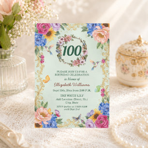 Royal Gold Floral Hummingbird 100th Birthday Party Invitation