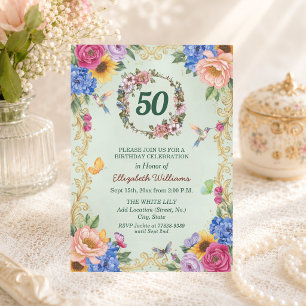 Royal Gold Floral Hummingbirds 50th Birthday Party Invitation