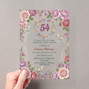Royal Gold Floral Hummingbirds 54th Birthday Party Acrylic Invitations
