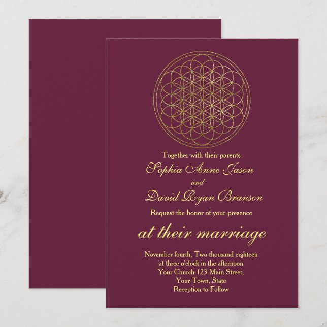 Royal Gold Flower of Life Sacred Geometry Wedding Invitation (Front/Back)