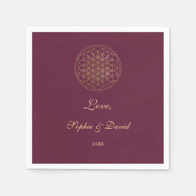 Royal Gold Flower of Life Sacred Geometry Wedding Napkin (Front)
