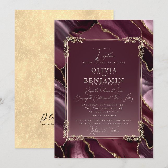 Royal Gold Frame florales & Agate Marble Wedding  Invitation (Front/Back)