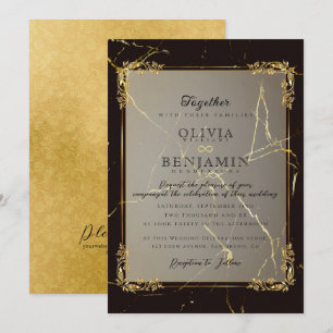 Royal Gold Frame florales & Black Marbled Wedding Invitation
