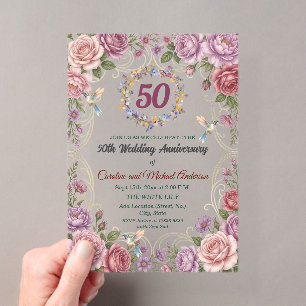 Royal Gold Hummingbirds 50th Wedding Anniversary Acrylic Invitations