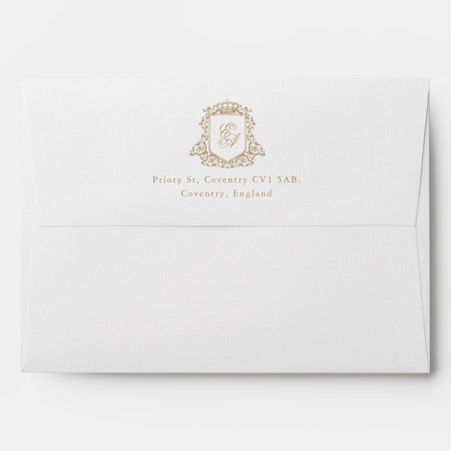 Royal Gold Monogram Crest Return Address Wedding Envelope (Back (Top Flap))