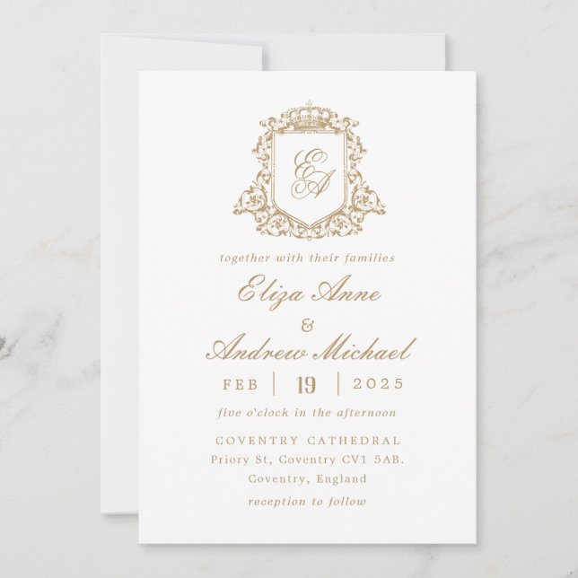 Royal Gold Monogram Crest Wedding Invitation (Front)