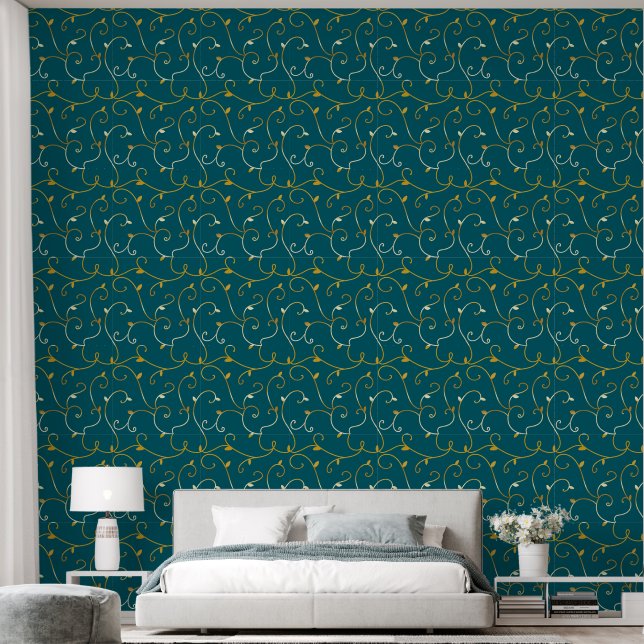 Royal Gold  on Gold Abstract Vine Leaves Line  Wallpaper (Bedroom)