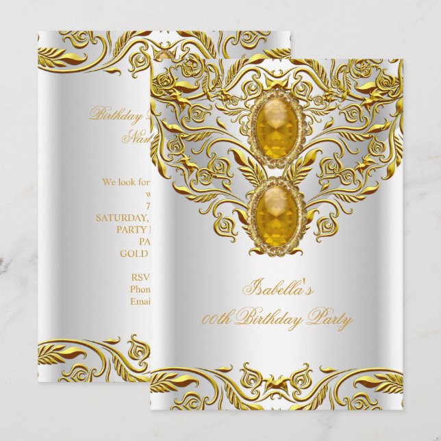 Royal Gold on White Elegant Elite Birthday Party Invitation (Front/Back)