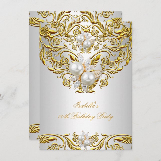 Royal Gold on White Pearl Elegant Birthday Party Invitation (Front/Back)