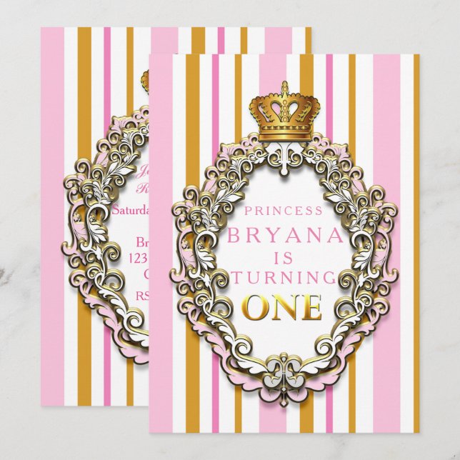 Royal Gold & Pink Crown 1st Birthday Invitation (Front/Back)