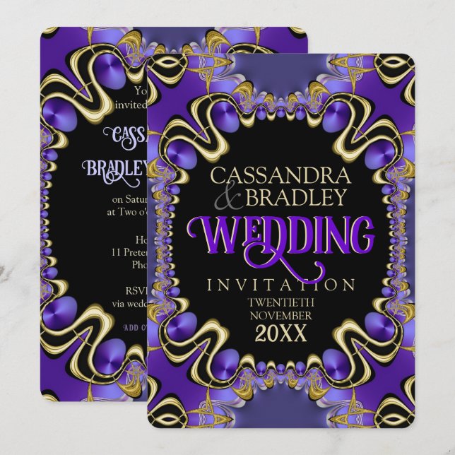Royal Gold Purple Lace Wedding Invitation (Front/Back)