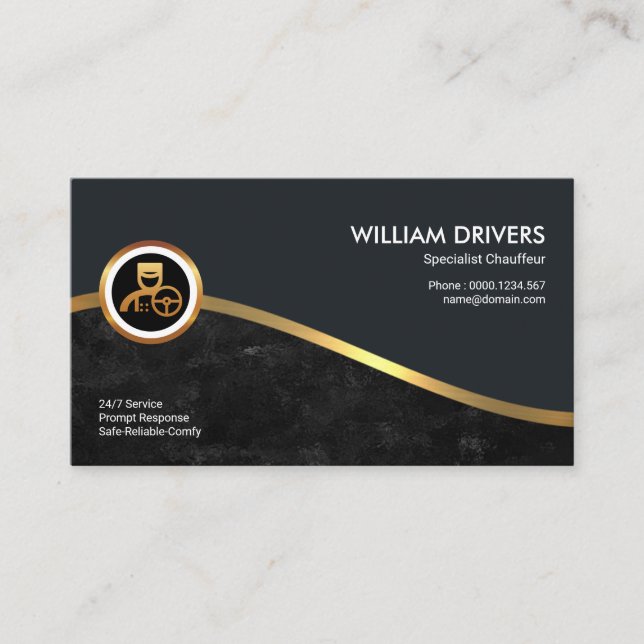 Royal Gold Wave Elegant Black Grunge Chauffeur Business Card (Front)