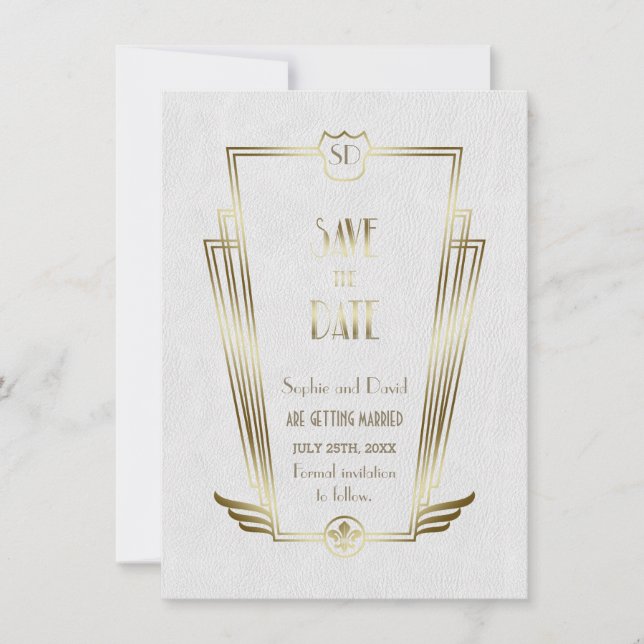 Royal Gold White Art Deco Monogram Save The Date (Front)