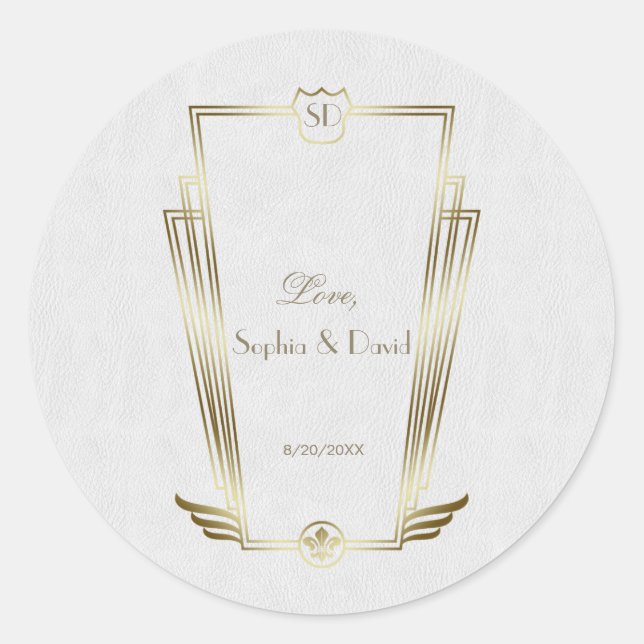 Royal Gold White Art Deco Monogram Wedding Classic Round Sticker (Front)