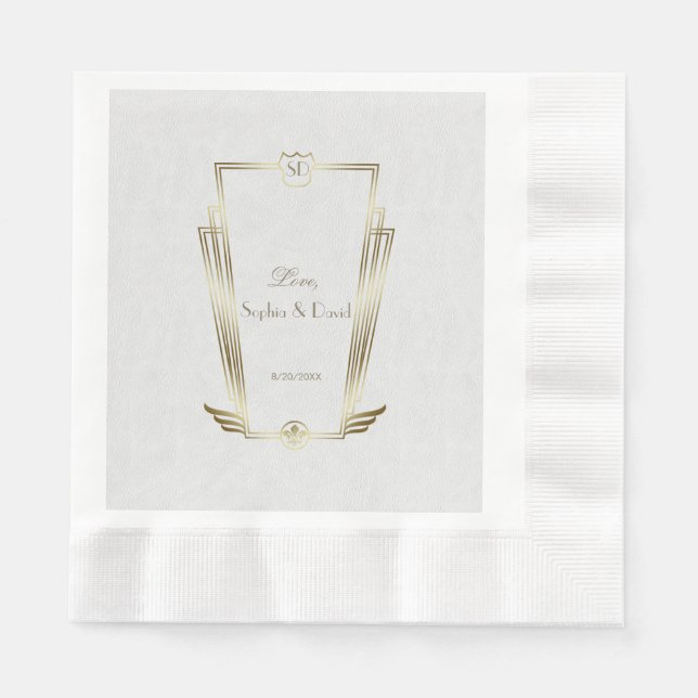 Royal Gold White Art Deco Monogram Wedding Napkin (Front)