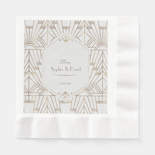 Royal Gold White Great Gatsby 1920s Wedding Napkin (Front)