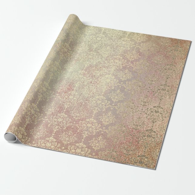 Royal Golden Copper Rose Metallic Damask Princess Wrapping Paper (Unrolled)