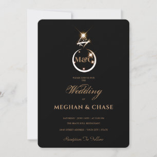 Royal Golden Diamond Ring Monogram Black Wedding Invitation