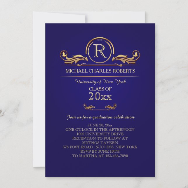 Royal Golden Monogram Blue Graduation Invitation (Front)