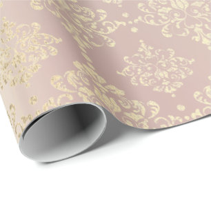 Royal Golden Pink Rose Metallic Floral Princess Wrapping Paper