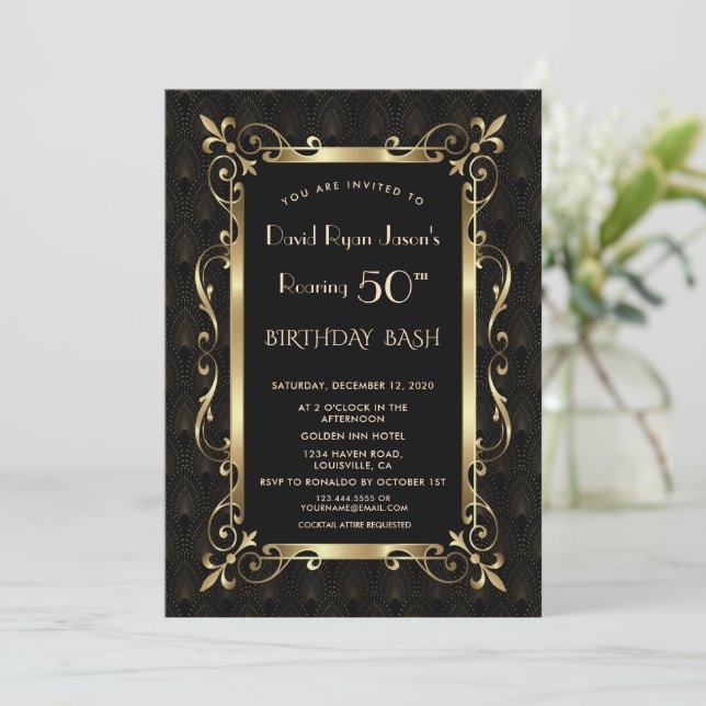 Royal Great Gatsby Roaring 50th Birthday Bash  Invitation (Standing Front)