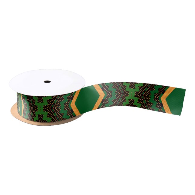 Royal Green African Geometric Kente  Satin Ribbon (Spool)