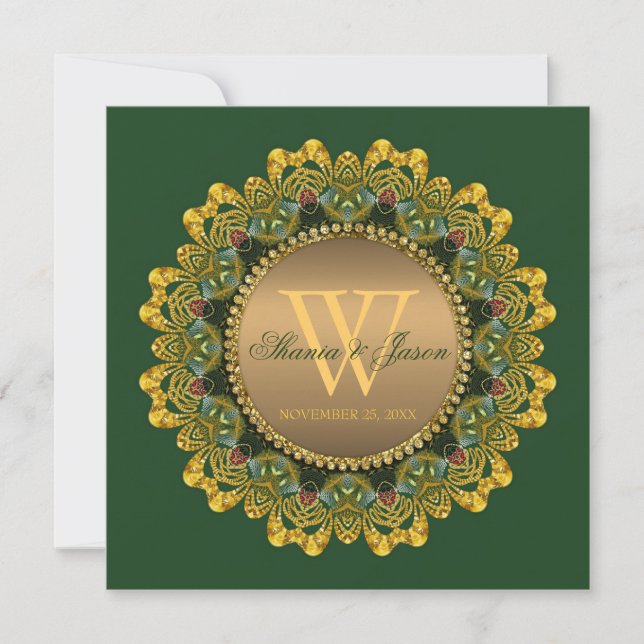 Royal Green and Gold Mandala Lace Wedding Invitation (Front)