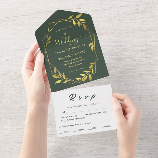 Royal Green Botanical Elegant Geometric Wedding All In One Invitation (Tearaway)