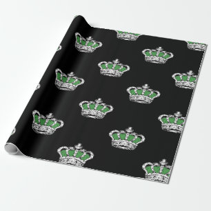 Royal Green Crown Pattern on Bold Black Background Wrapping Paper