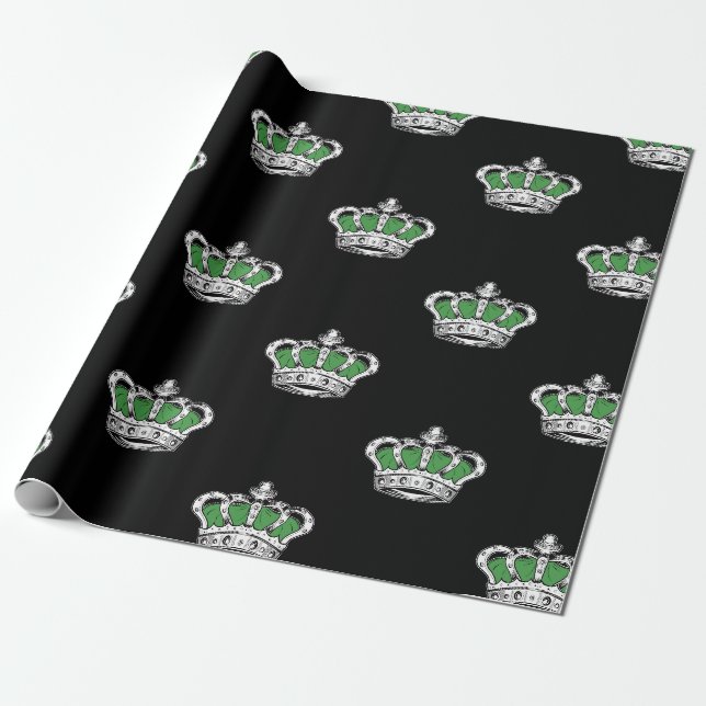 Royal Green Crown Pattern on Bold Black Background Wrapping Paper (Unrolled)