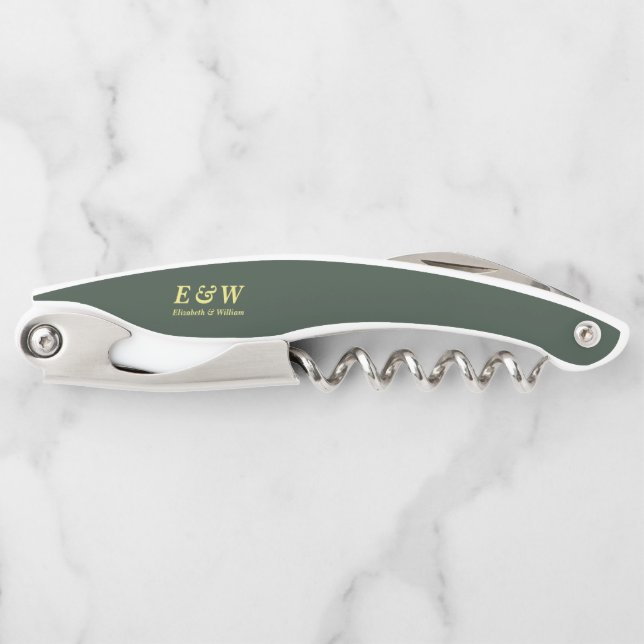 Royal Green Elegant Monogram Modern Wedding Corkscrew (Front)