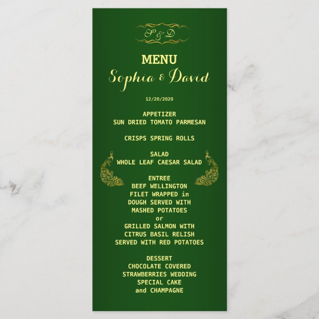 Royal Green Gold Peacock Wedding Menu Custom (Front)