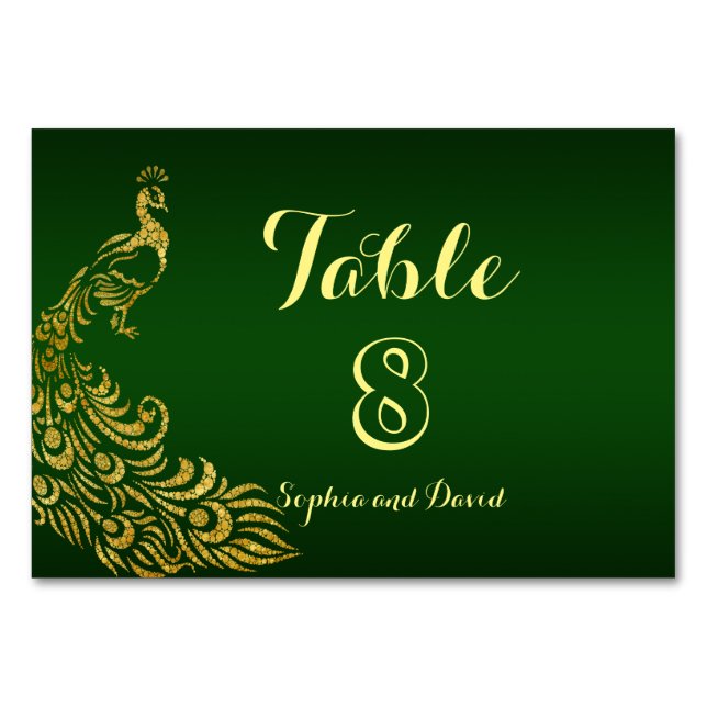 Royal Green Gold Peacock Wedding TABLE NUMBER (Front)