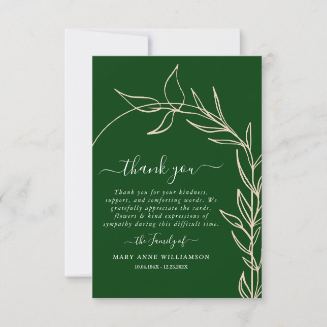 Royal Green Minimal Arch Text Script Funeral Thank You Card (Front)